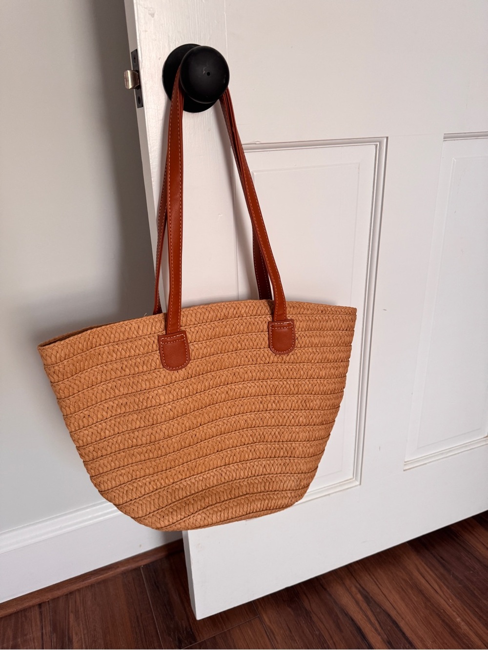 Woven Straw Tote Bag with Brown Faux Leather Straps